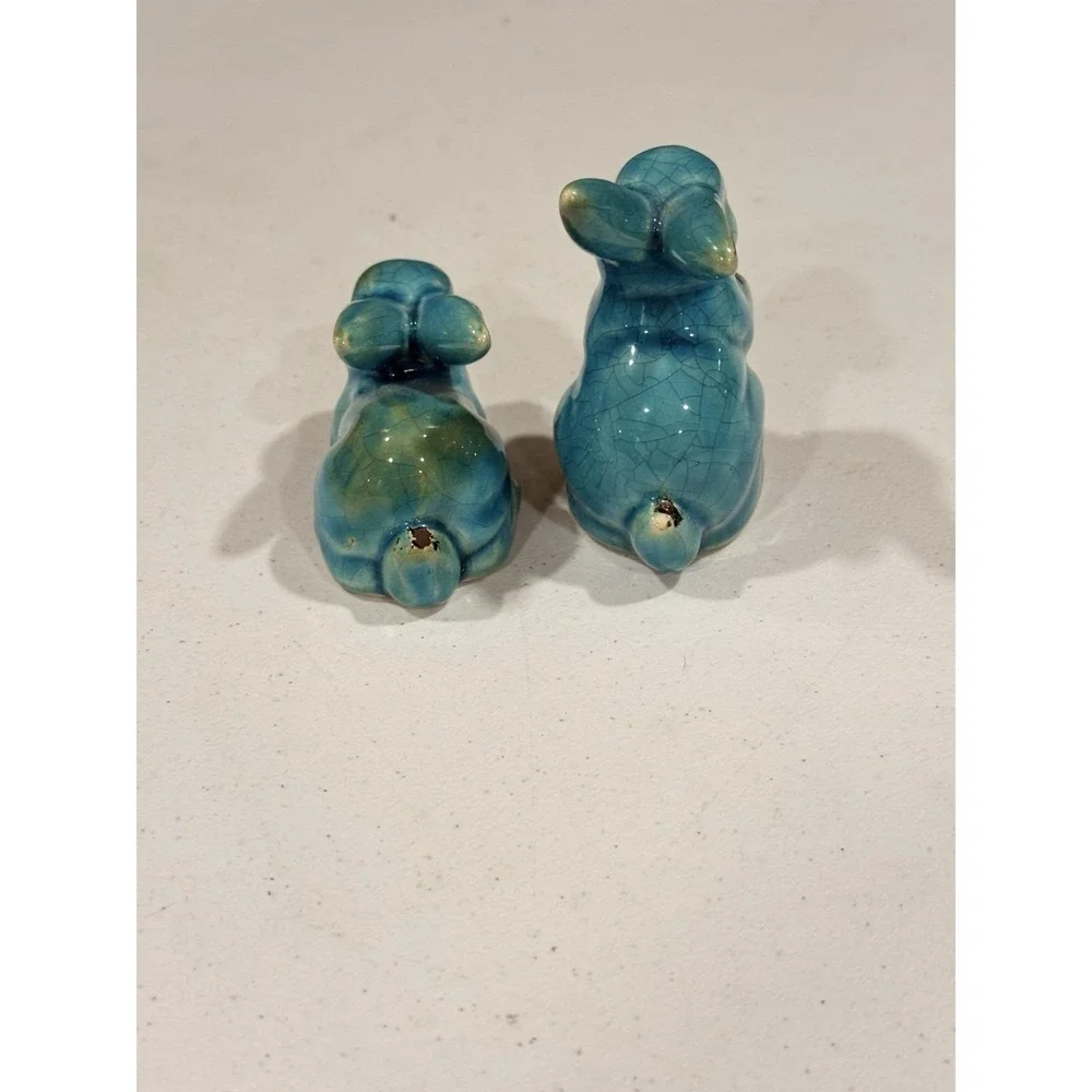 Turquoise Crackle Glaze Rabbit Figurines (2) Distressed Vintage Style